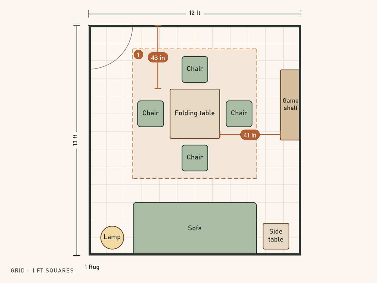 Floor plan: Four seats around a 34 in folding table, sofa stays put. Living room, 12 ft x 13 ft. Pieces: Rug (84 by 88 in), Folding table (34 by 34 in), Chair (18 by 18 in), Chair (18 by 18 in), Chair (18 by 18 in), Chair (18 by 18 in), Game shelf (14 by 48 in), Sofa (84 by 36 in), Side table (18 by 18 in), Lamp (16 by 16 in).