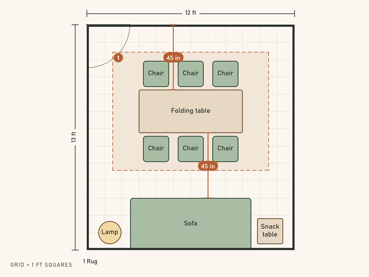 Floor plan: Six seats around a 6 ft folding table, sofa stays put. Living room, 12 ft x 13 ft. Pieces: Rug (108 by 82 in), Folding table (72 by 30 in), Chair (18 by 18 in), Chair (18 by 18 in), Chair (18 by 18 in), Chair (18 by 18 in), Chair (18 by 18 in), Chair (18 by 18 in), Sofa (84 by 36 in), Snack table (18 by 18 in), Lamp (16 by 16 in).