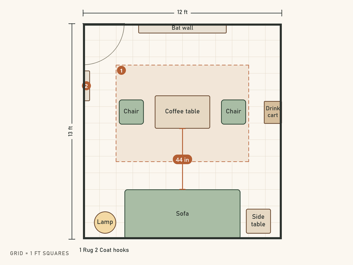 Floor plan: A Halloween get-together for six, sofa stays put. Living room, 12 ft x 13 ft. Pieces: Rug (96 by 70 in), Bat wall (64 by 7 in), Coffee table (40 by 24 in), Chair (18 by 18 in), Chair (18 by 18 in), Drink cart (13 by 16 in), Sofa (84 by 36 in), Side table (18 by 18 in), Lamp (16 by 16 in), Coat hooks (5 by 22 in).