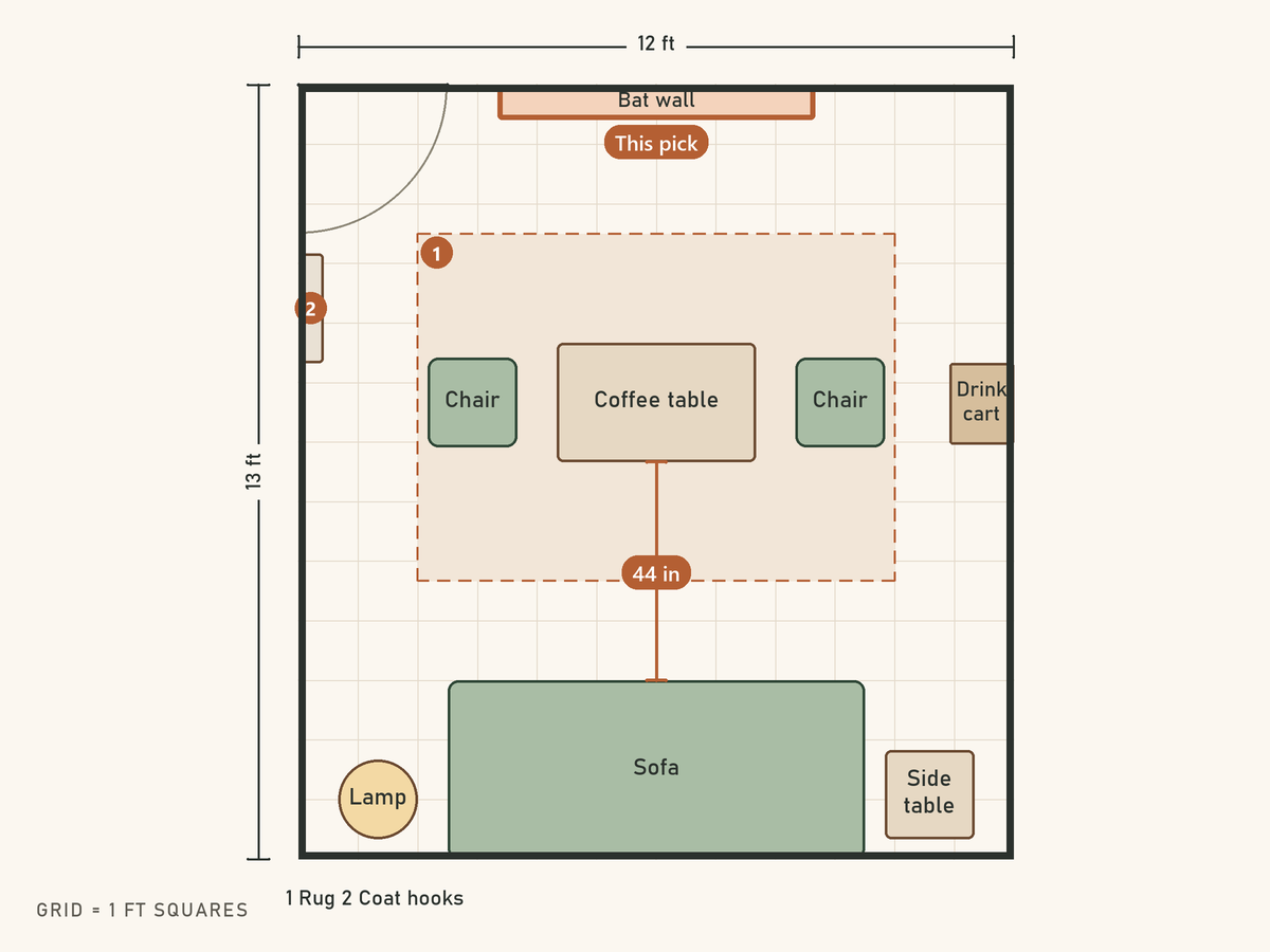 Floor plan: A Halloween get-together for six, sofa stays put. The bat wall is highlighted as this pick.