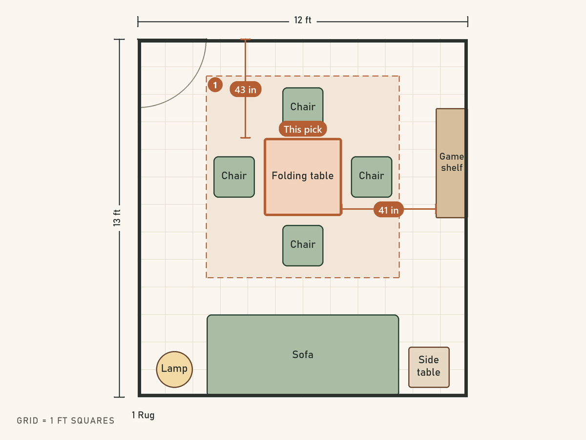 Floor plan: Four seats around a 34 in folding table, sofa stays put. The folding table is highlighted as this pick.