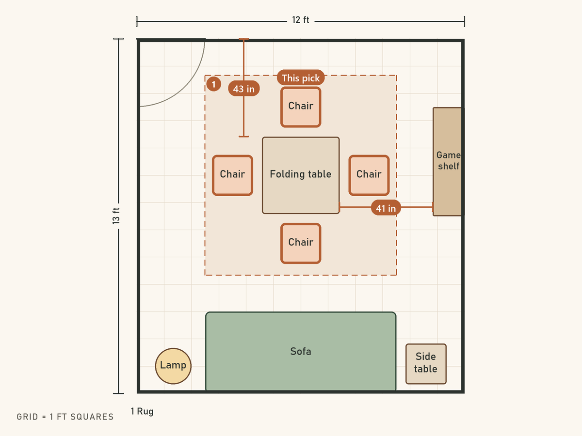 Floor plan: Four seats around a 34 in folding table, sofa stays put. The chair is highlighted as this pick.