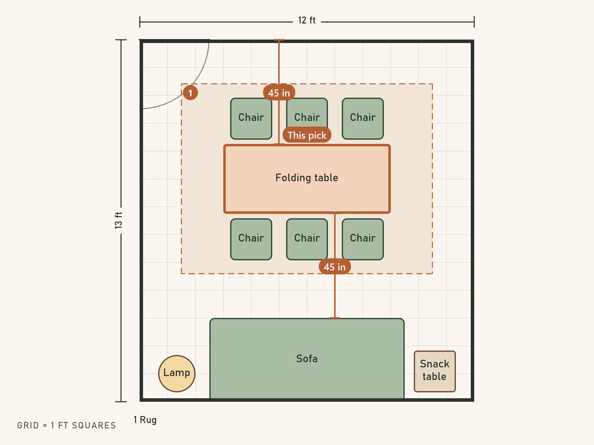 Floor plan: Six seats around a 6 ft folding table, sofa stays put. The folding table is highlighted as this pick.