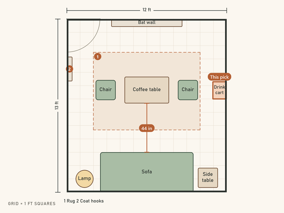 Floor plan: A Halloween get-together for six, sofa stays put. The drink cart is highlighted as this pick.