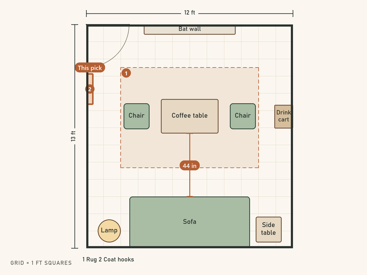 Floor plan: A Halloween get-together for six, sofa stays put. The coat hooks is highlighted as this pick.