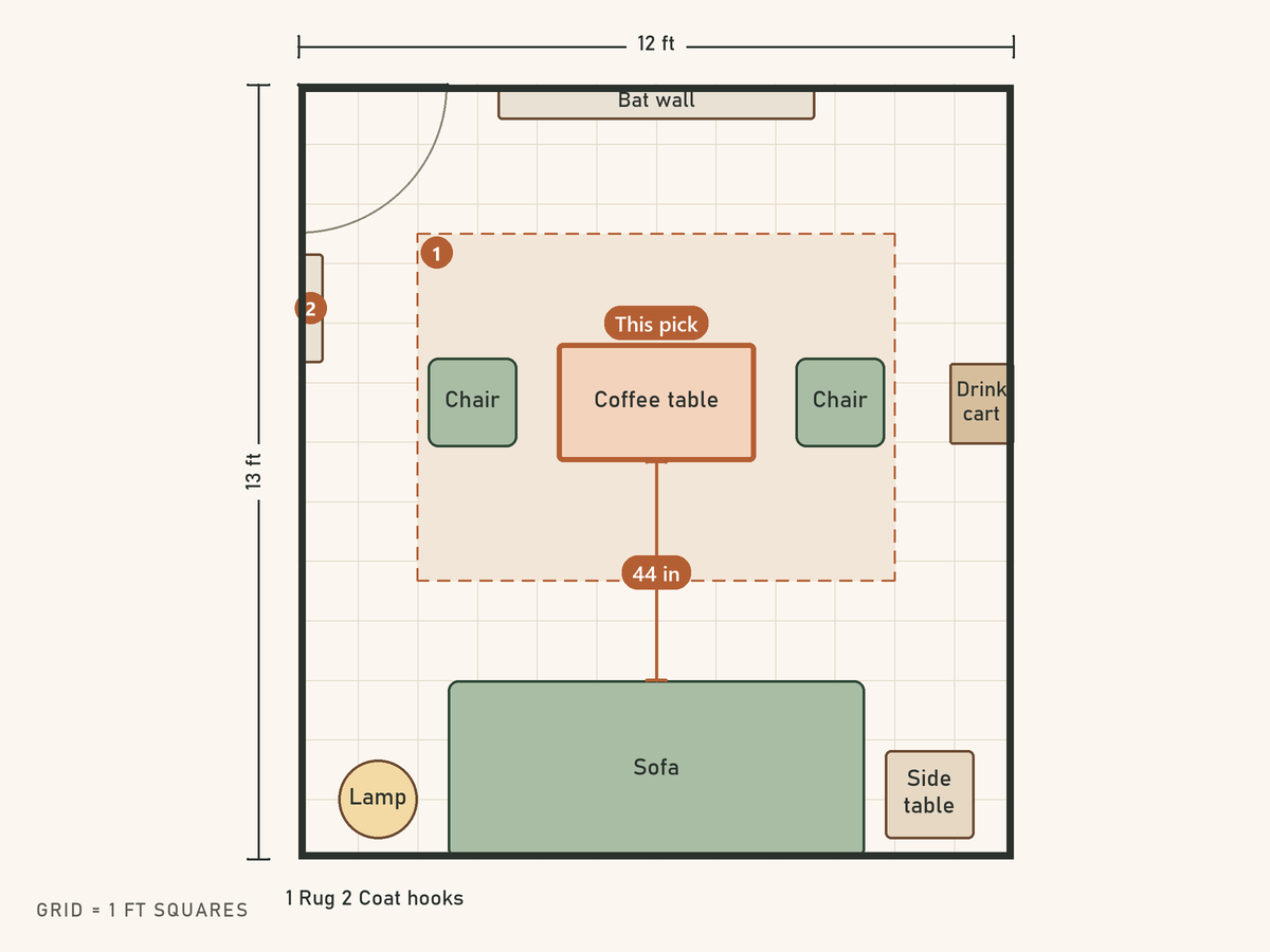 Floor plan: A Halloween get-together for six, sofa stays put. The coffee table is highlighted as this pick.