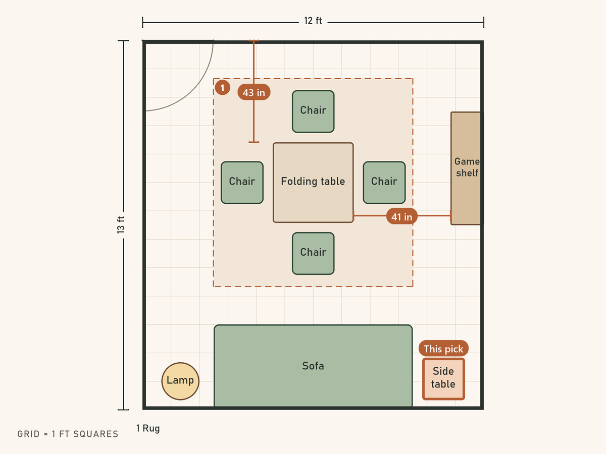 Floor plan: Four seats around a 34 in folding table, sofa stays put. The side table is highlighted as this pick.
